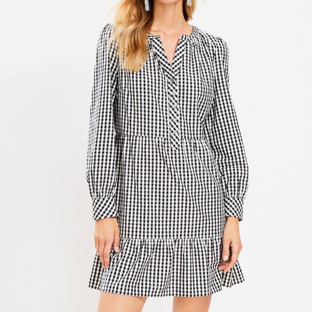 LOFT Black and White Gingham Long Sleeve Dress